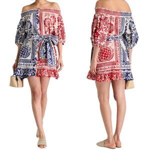 Farm Rio Mixed Pineapple Garden Off Shoulder Mini Dress S Pockets Puff Sleeves